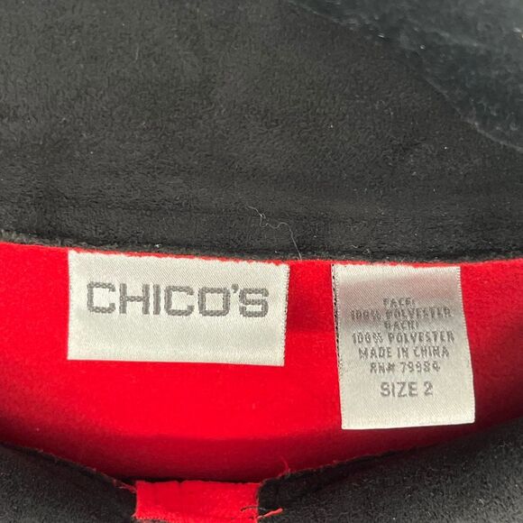 CHICO'S Jacket Women's Size 2 Large Black Red Faux Suede Button Front Collared - Picture 4 of 13